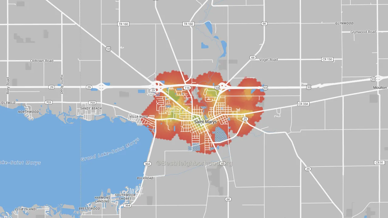 Walk Grade map of St. Marys, OH, walkable areas in green and car-dependent areas in red