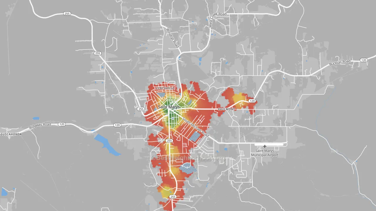 Walk Grade map of St. Marys, PA, walkable areas in green and car-dependent areas in red