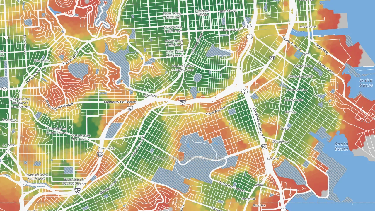 Walk Grade map of St Marys Park, San Francisco, CA, walkable areas in green and car-dependent areas in red
