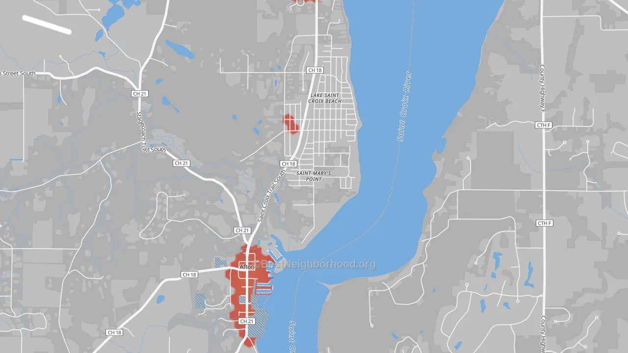 Walk Grade map of St. Marys Point, MN, walkable areas in green and car-dependent areas in red