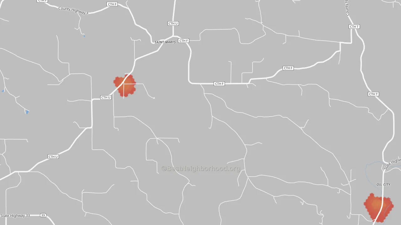 Walk Grade map of St. Marys, WI, walkable areas in green and car-dependent areas in red