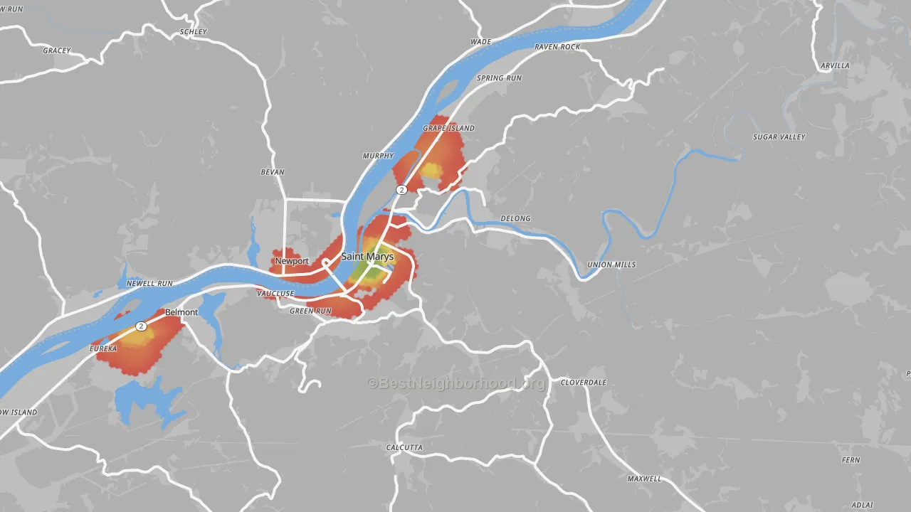 Walk Grade map of St. Marys, WV, walkable areas in green and car-dependent areas in red