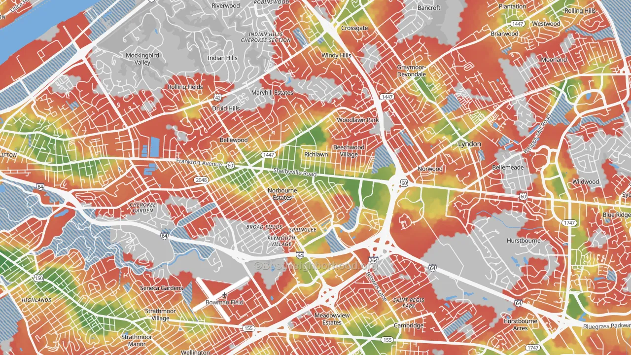 Walk Grade map of St. Matthews, KY, walkable areas in green and car-dependent areas in red
