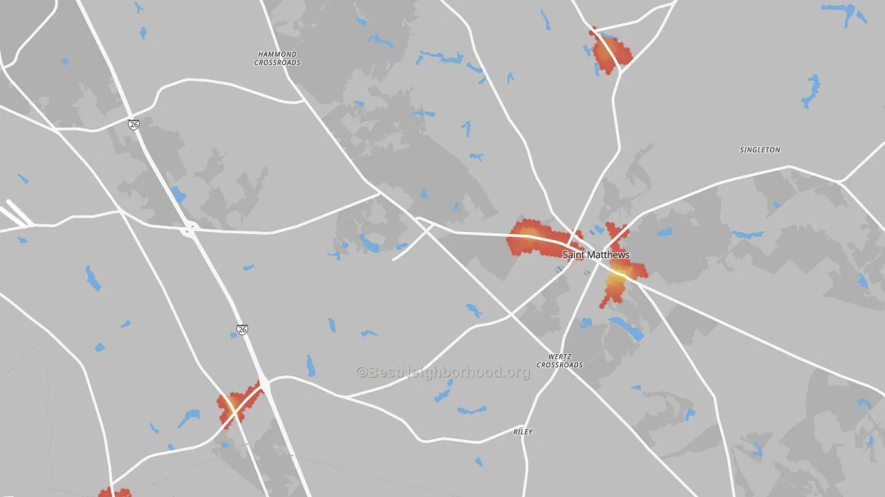 Walk Grade map of St. Matthews, SC, walkable areas in green and car-dependent areas in red