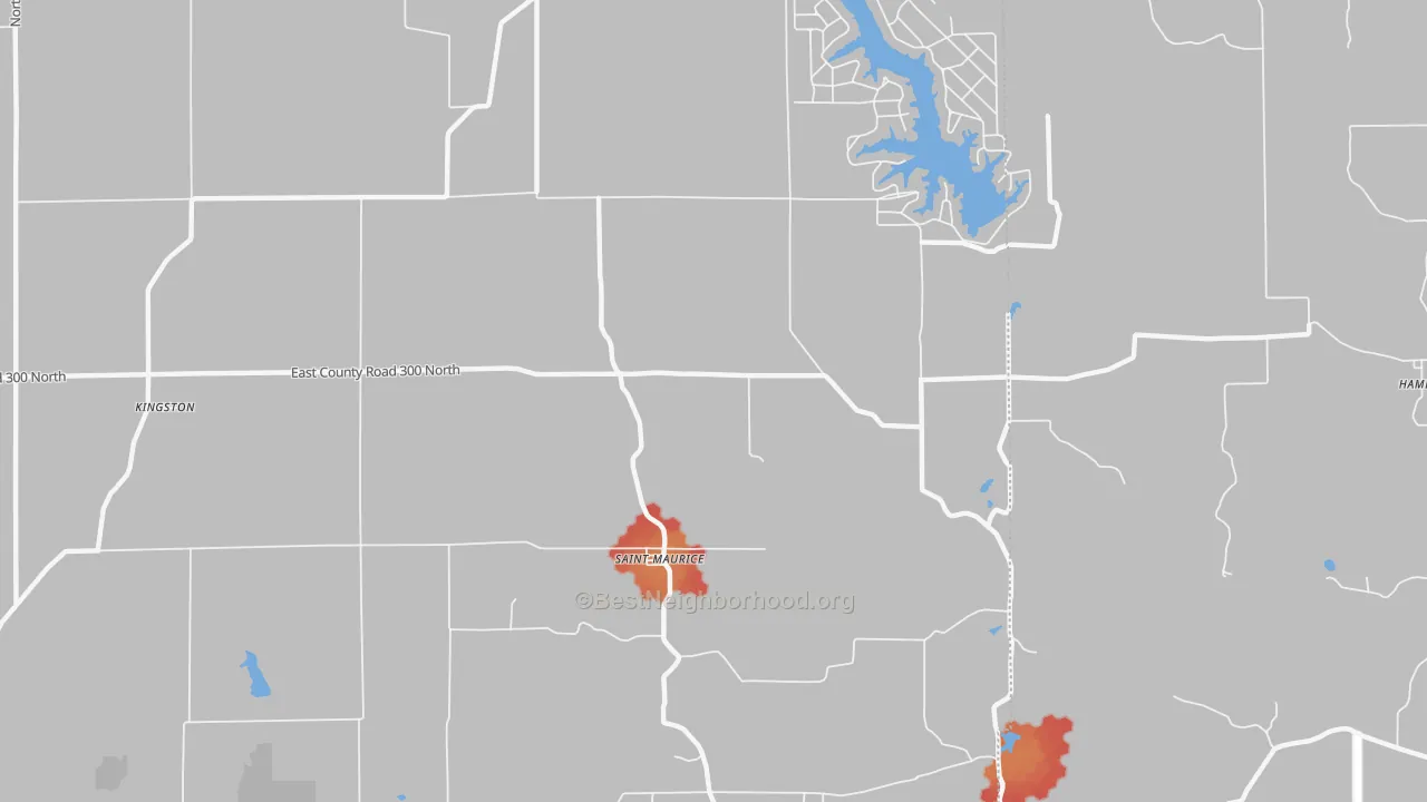 Walk Grade map of St. Maurice, IN, walkable areas in green and car-dependent areas in red