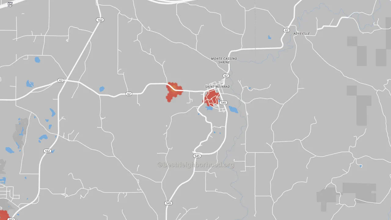 Walk Grade map of St. Meinrad, IN, walkable areas in green and car-dependent areas in red