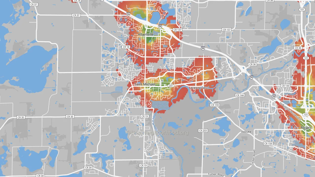 Walk Grade map of St. Michael, MN, walkable areas in green and car-dependent areas in red