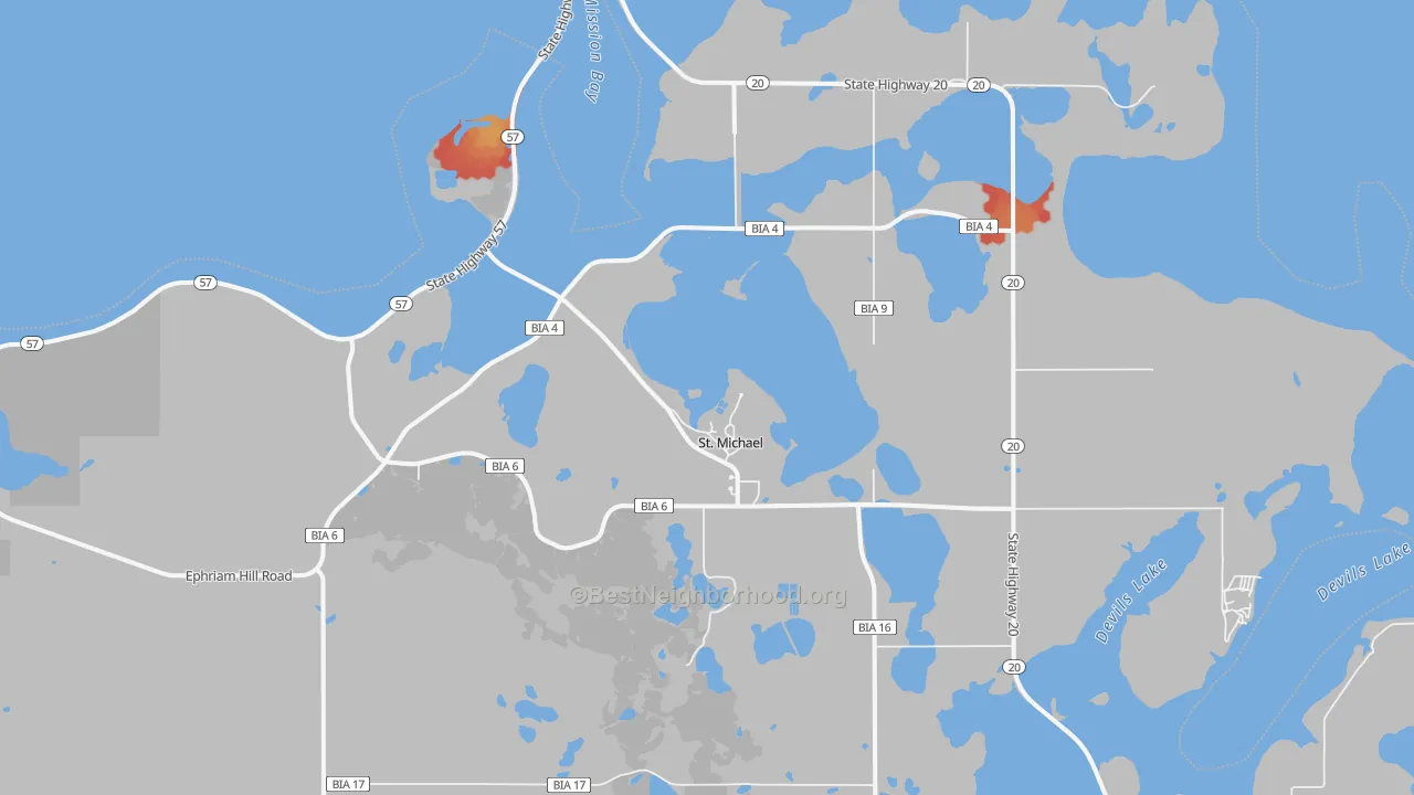 Walk Grade map of St. Michael, ND, walkable areas in green and car-dependent areas in red