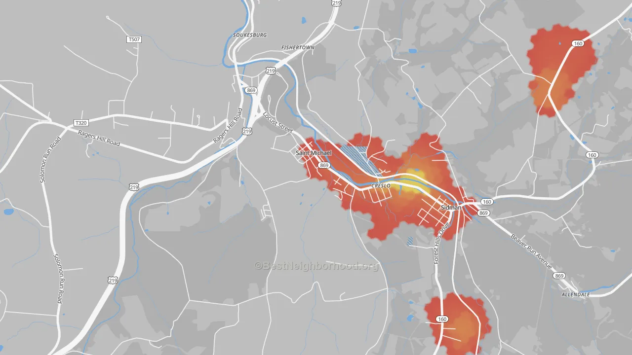Walk Grade map of St. Michael, PA, walkable areas in green and car-dependent areas in red