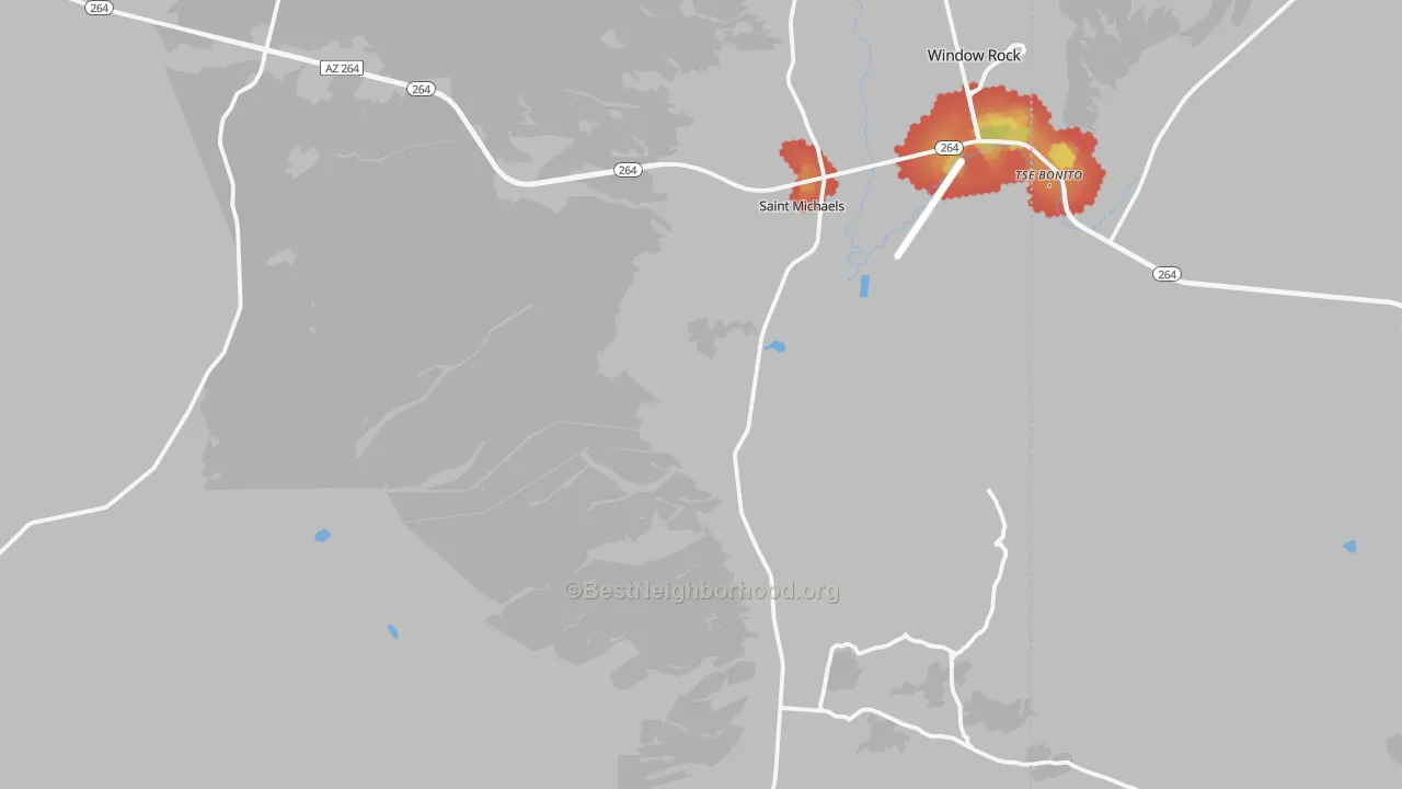 Walk Grade map of St. Michaels, AZ, walkable areas in green and car-dependent areas in red