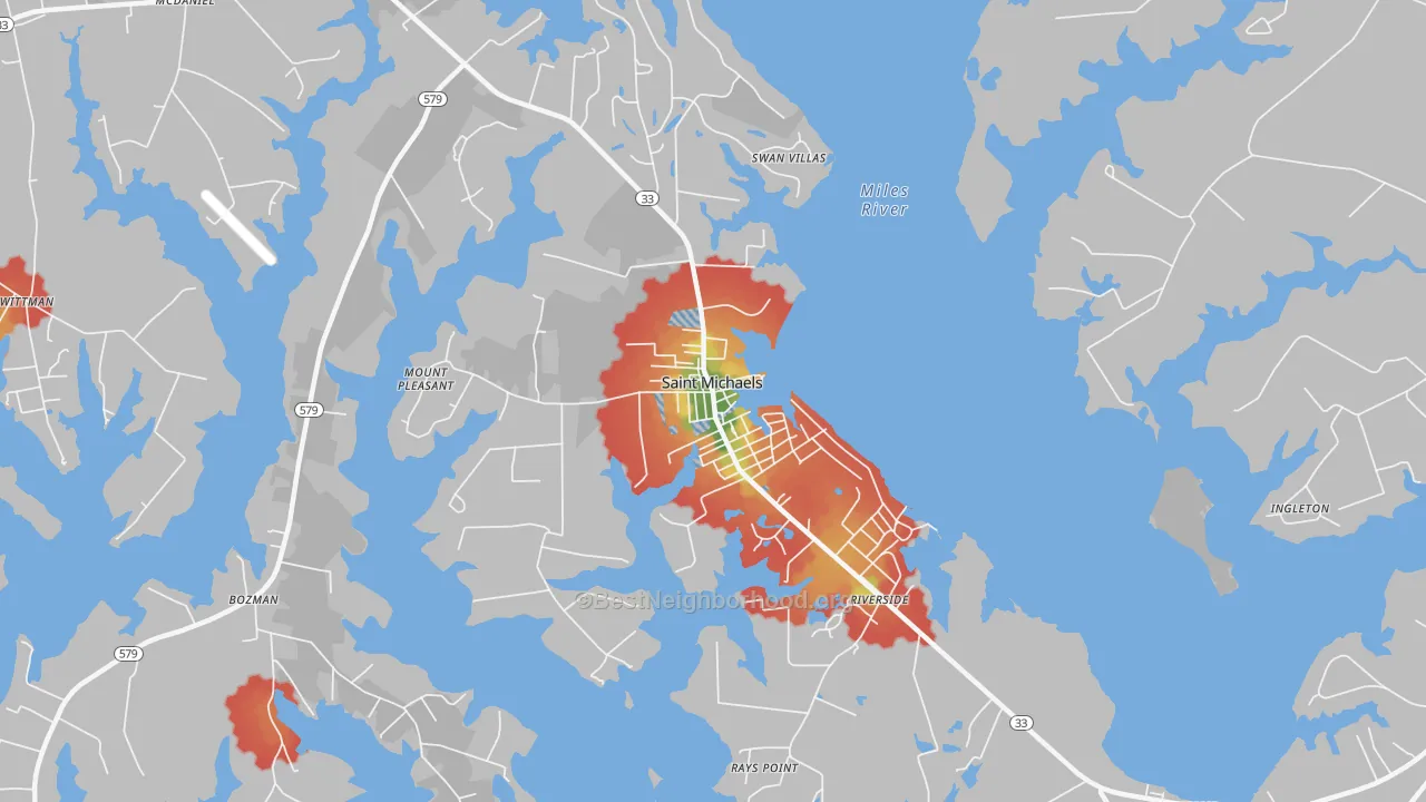 Walk Grade map of St. Michaels, MD, walkable areas in green and car-dependent areas in red