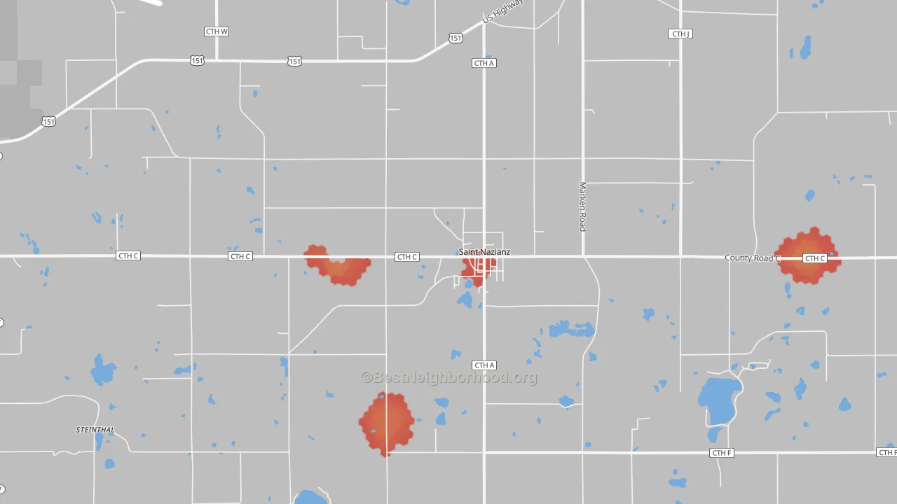 Walk Grade map of St. Nazianz, WI, walkable areas in green and car-dependent areas in red