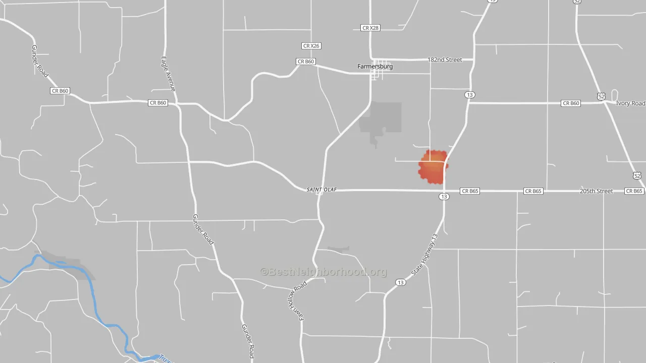 Walk Grade map of St. Olaf, IA, walkable areas in green and car-dependent areas in red