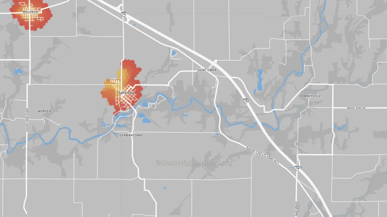 Walk Grade map of St. Omer, IN, walkable areas in green and car-dependent areas in red