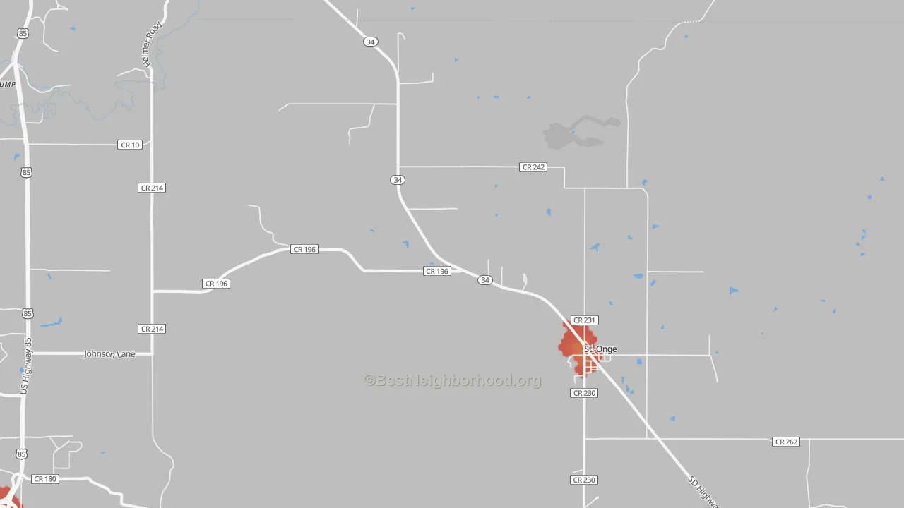 Walk Grade map of St. Onge, SD, walkable areas in green and car-dependent areas in red