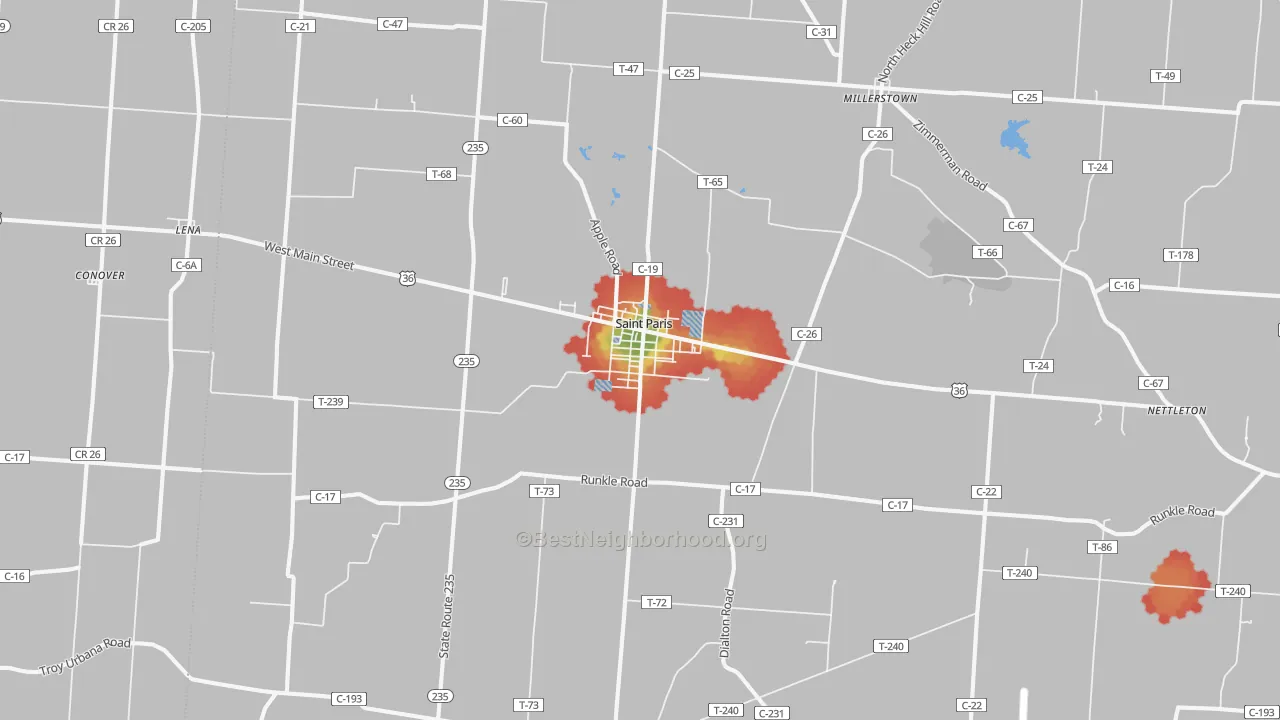 Walk Grade map of St. Paris, OH, walkable areas in green and car-dependent areas in red