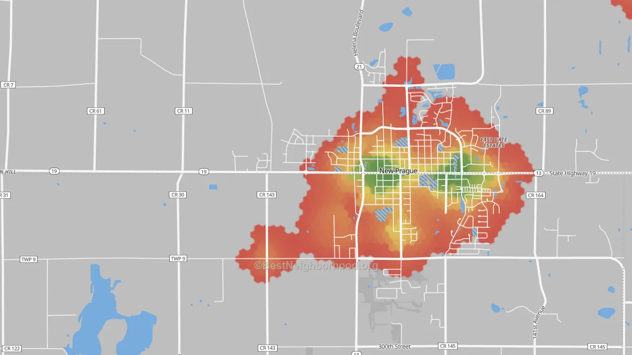 Walk Grade map of St. Patrick, MN, walkable areas in green and car-dependent areas in red