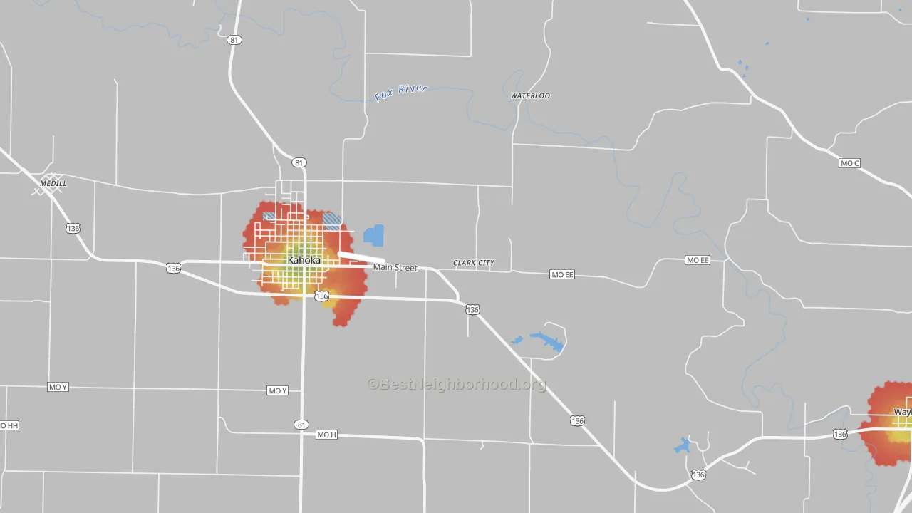 Walk Grade map of St. Patrick, MO, walkable areas in green and car-dependent areas in red