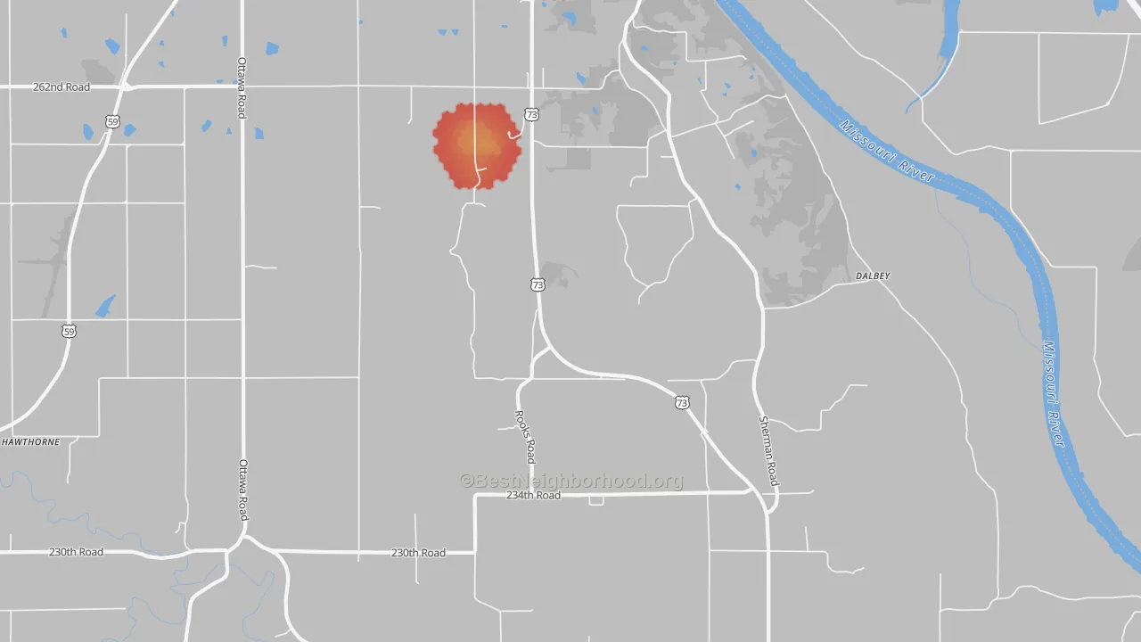 Walk Grade map of St. Pats, KS, walkable areas in green and car-dependent areas in red