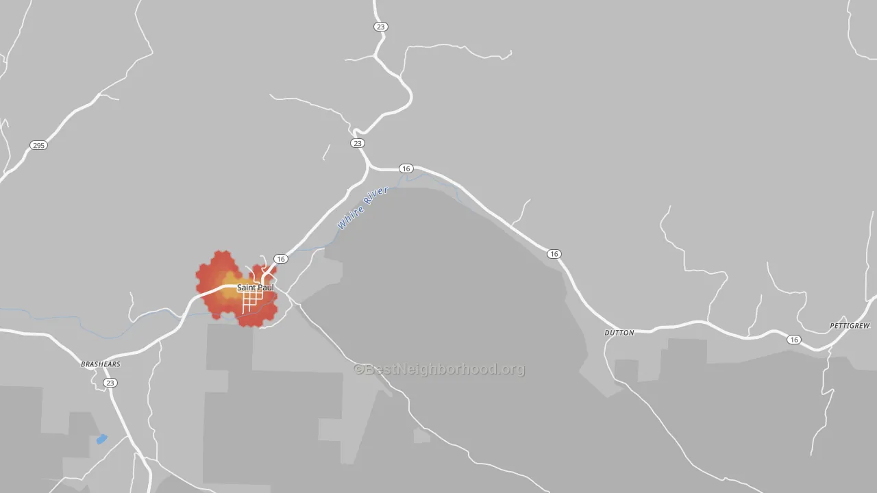Walk Grade map of St. Paul, AR, walkable areas in green and car-dependent areas in red