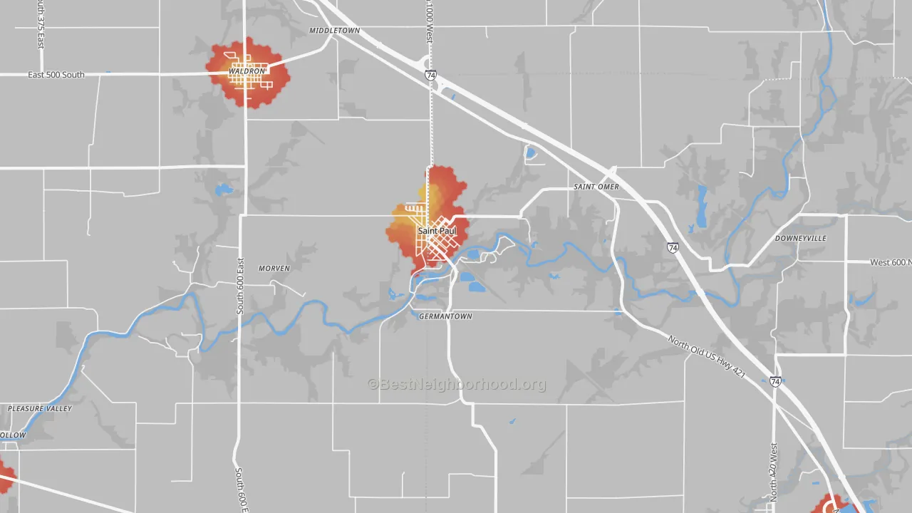 Walk Grade map of St. Paul, IN, walkable areas in green and car-dependent areas in red