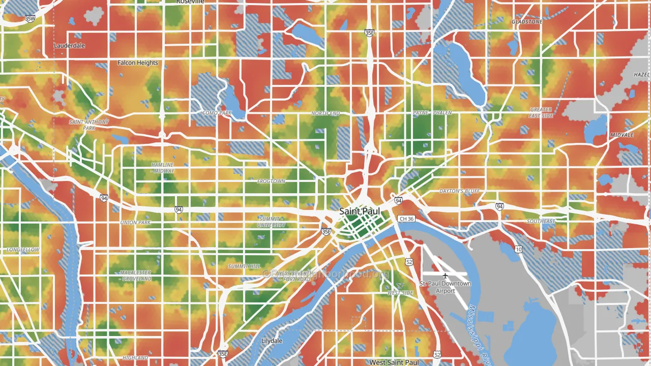 Walk Grade map of St. Paul, MN, walkable areas in green and car-dependent areas in red