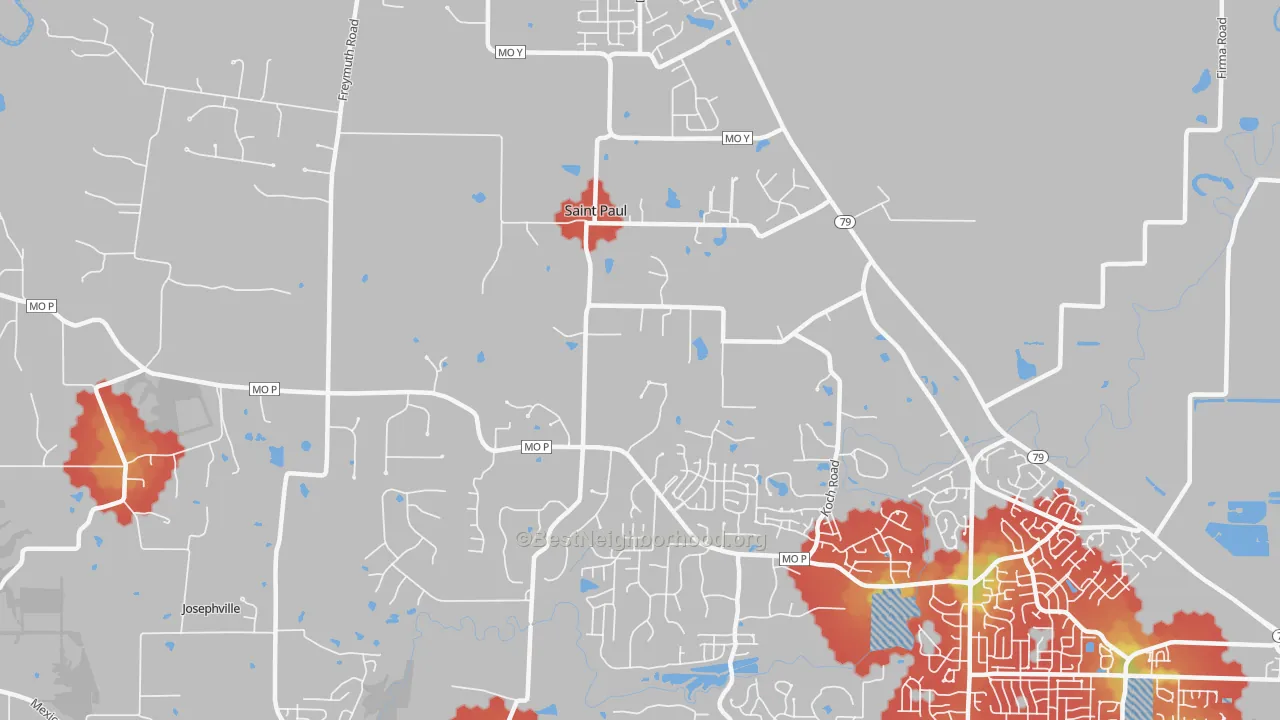 Walk Grade map of St. Paul, MO, walkable areas in green and car-dependent areas in red