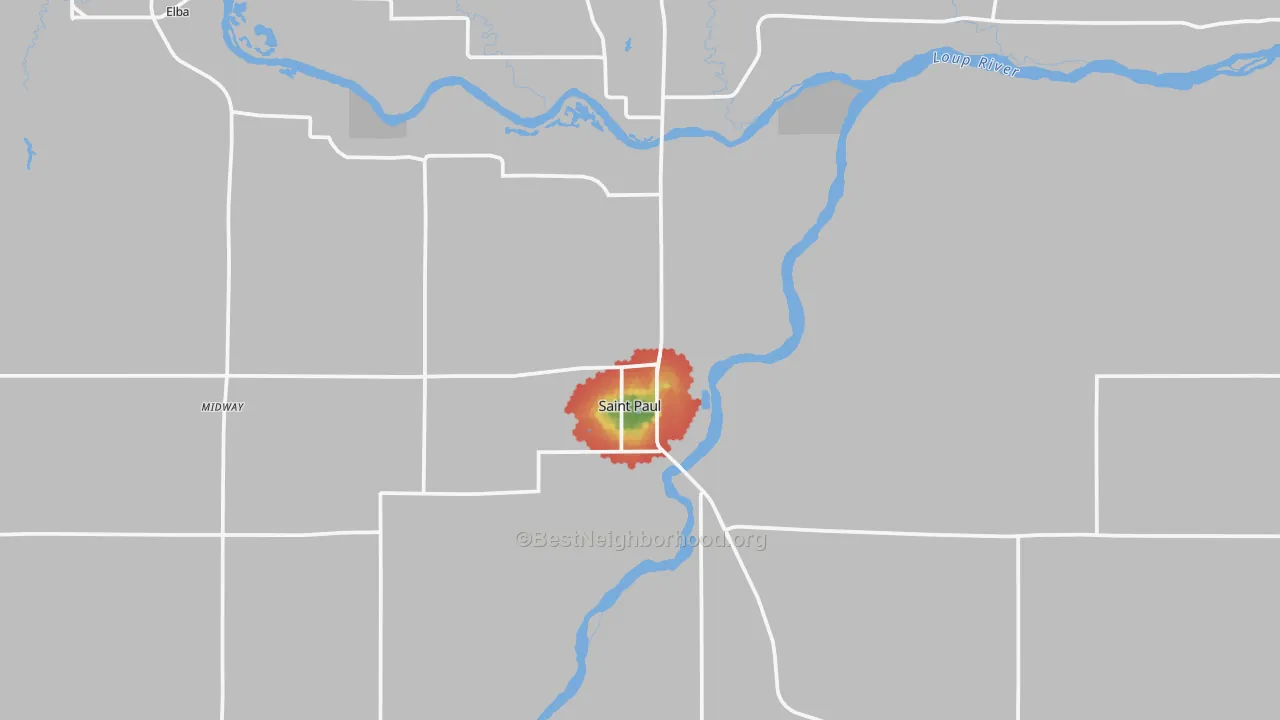 Walk Grade map of St. Paul, NE, walkable areas in green and car-dependent areas in red