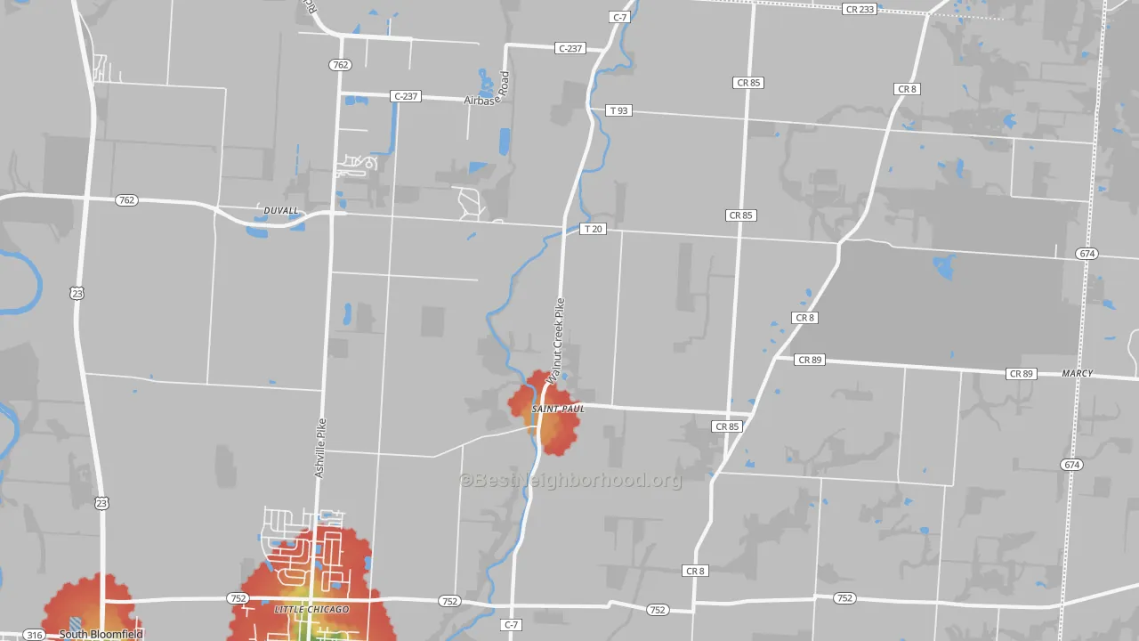 Walk Grade map of St. Paul, OH, walkable areas in green and car-dependent areas in red