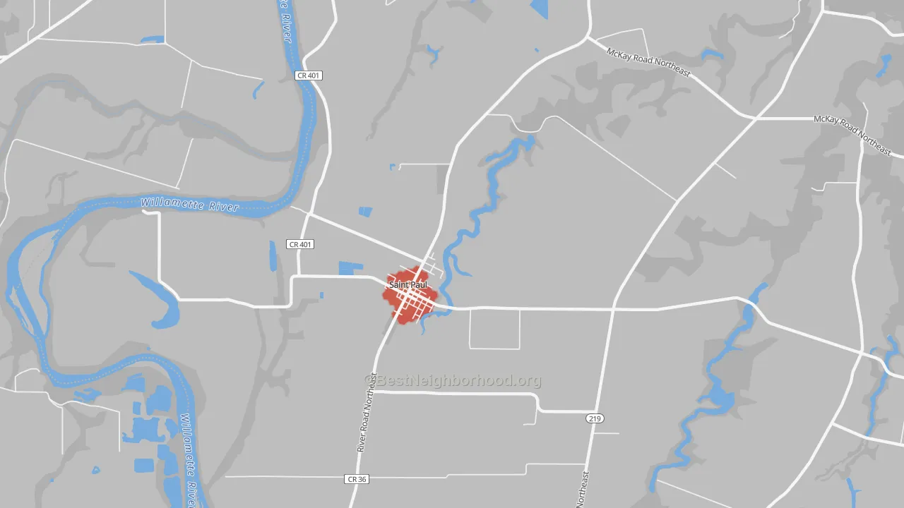 Walk Grade map of St. Paul, OR, walkable areas in green and car-dependent areas in red