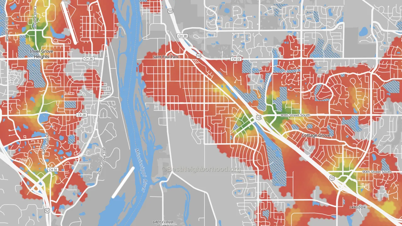 Walk Grade map of St. Paul Park, MN, walkable areas in green and car-dependent areas in red