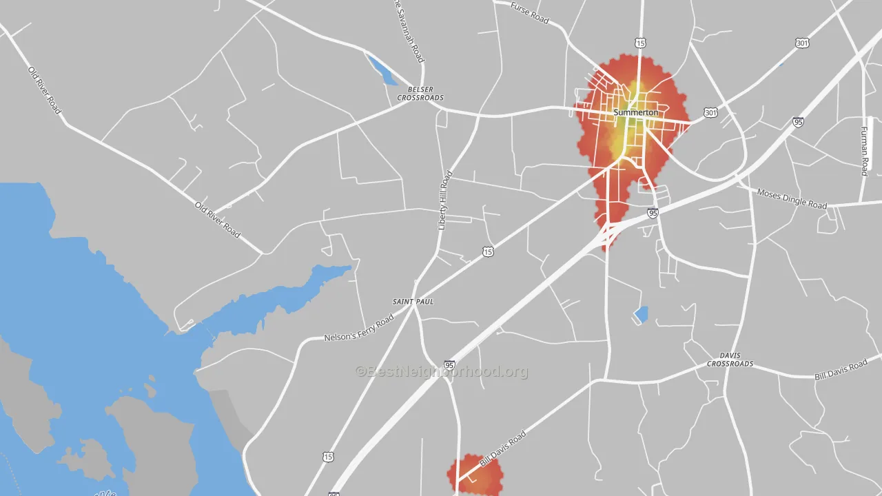 Walk Grade map of St. Paul, SC, walkable areas in green and car-dependent areas in red