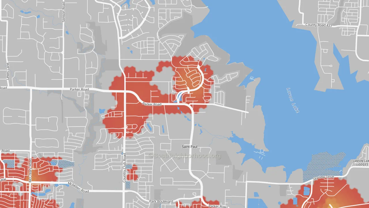 Walk Grade map of St. Paul, TX, walkable areas in green and car-dependent areas in red