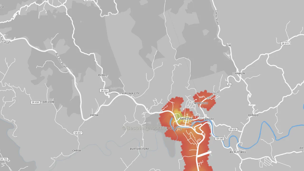 Walk Grade map of St. Paul, VA, walkable areas in green and car-dependent areas in red