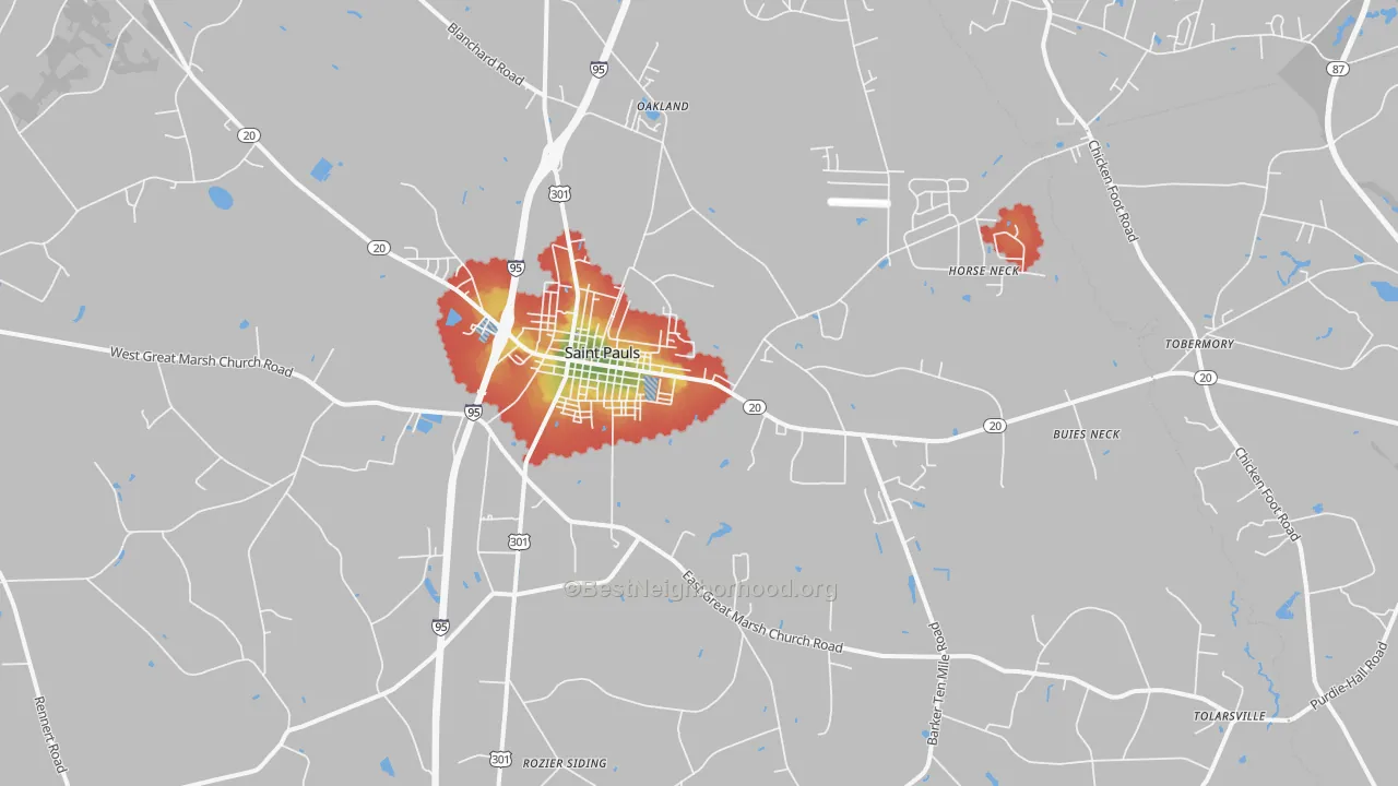 Walk Grade map of St. Pauls, NC, walkable areas in green and car-dependent areas in red