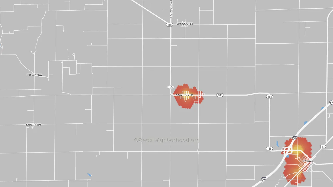 Walk Grade map of St. Peter, IL, walkable areas in green and car-dependent areas in red