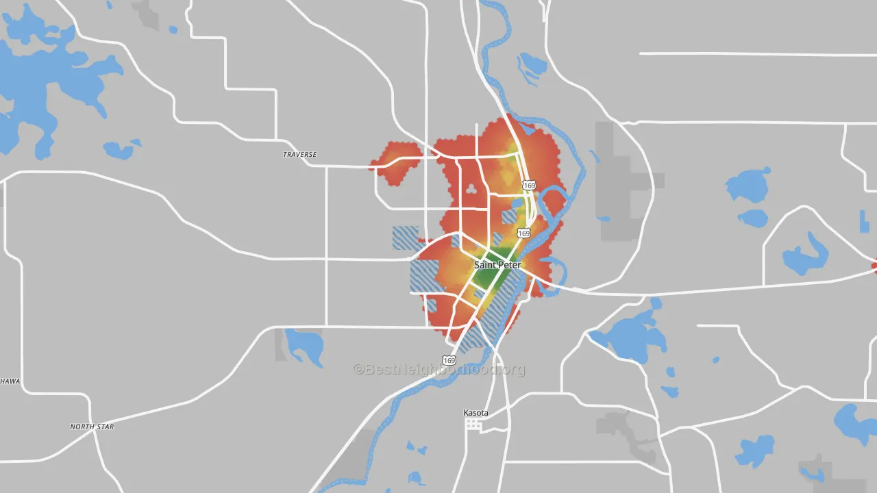 Walk Grade map of St. Peter, MN, walkable areas in green and car-dependent areas in red