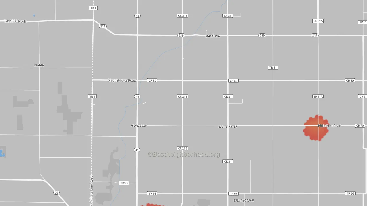 Walk Grade map of St. Peter, OH, walkable areas in green and car-dependent areas in red
