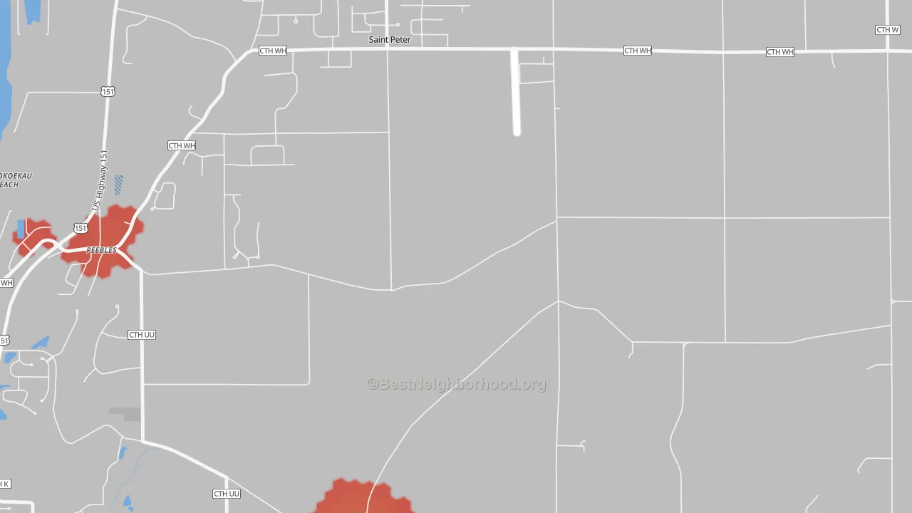 Walk Grade map of St. Peter, WI, walkable areas in green and car-dependent areas in red
