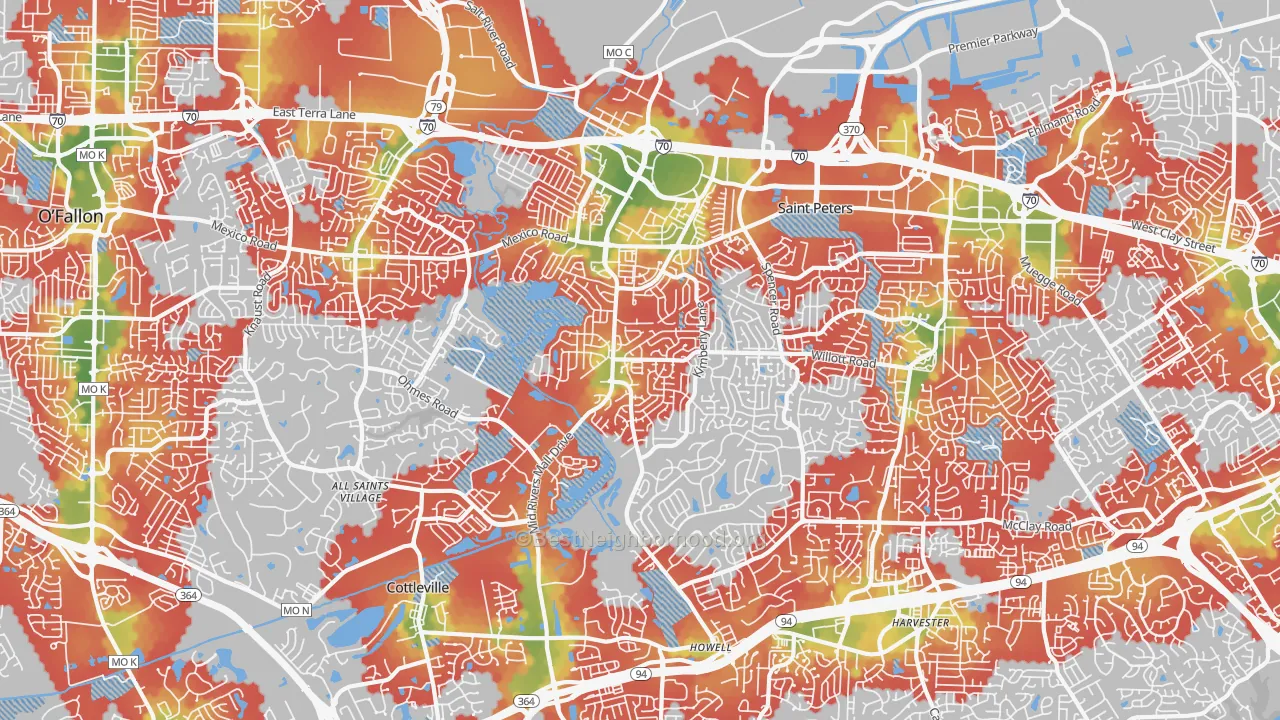 Walk Grade map of St. Peters, MO, walkable areas in green and car-dependent areas in red