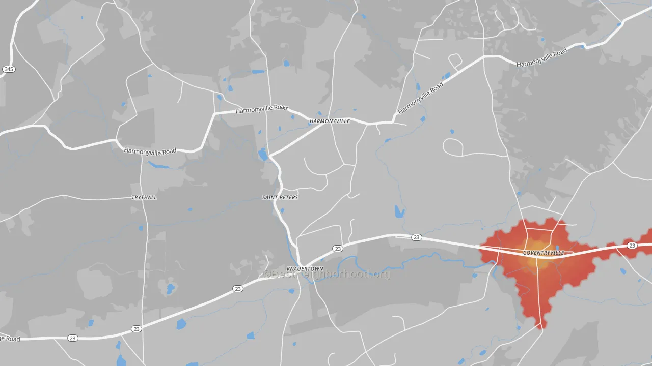 Walk Grade map of St. Peters, PA, walkable areas in green and car-dependent areas in red