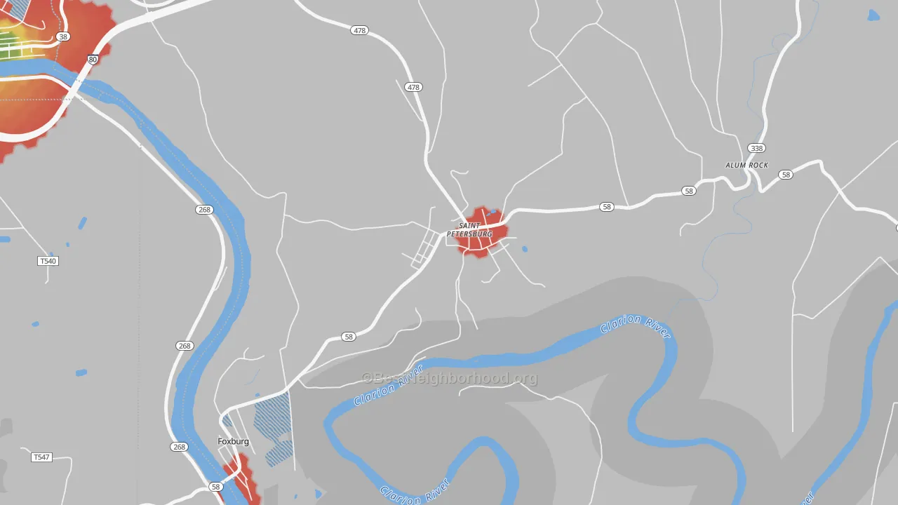 Walk Grade map of St. Petersburg, PA, walkable areas in green and car-dependent areas in red