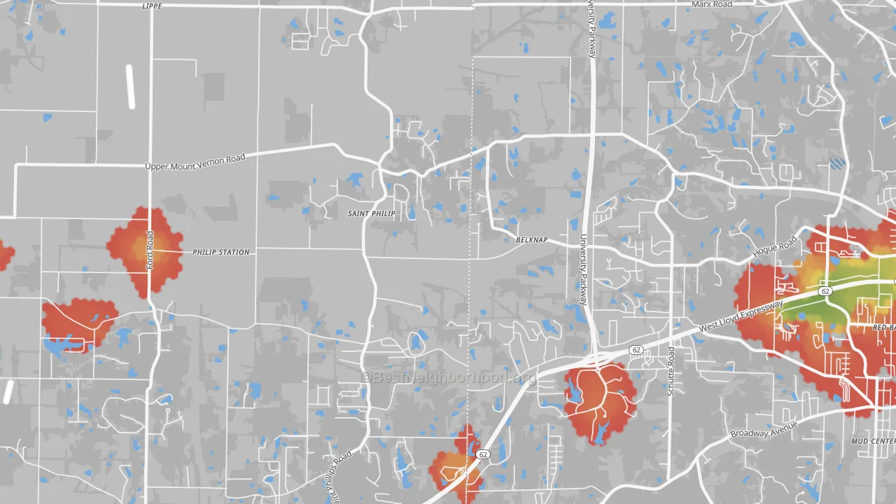Walk Grade map of St. Philip, IN, walkable areas in green and car-dependent areas in red