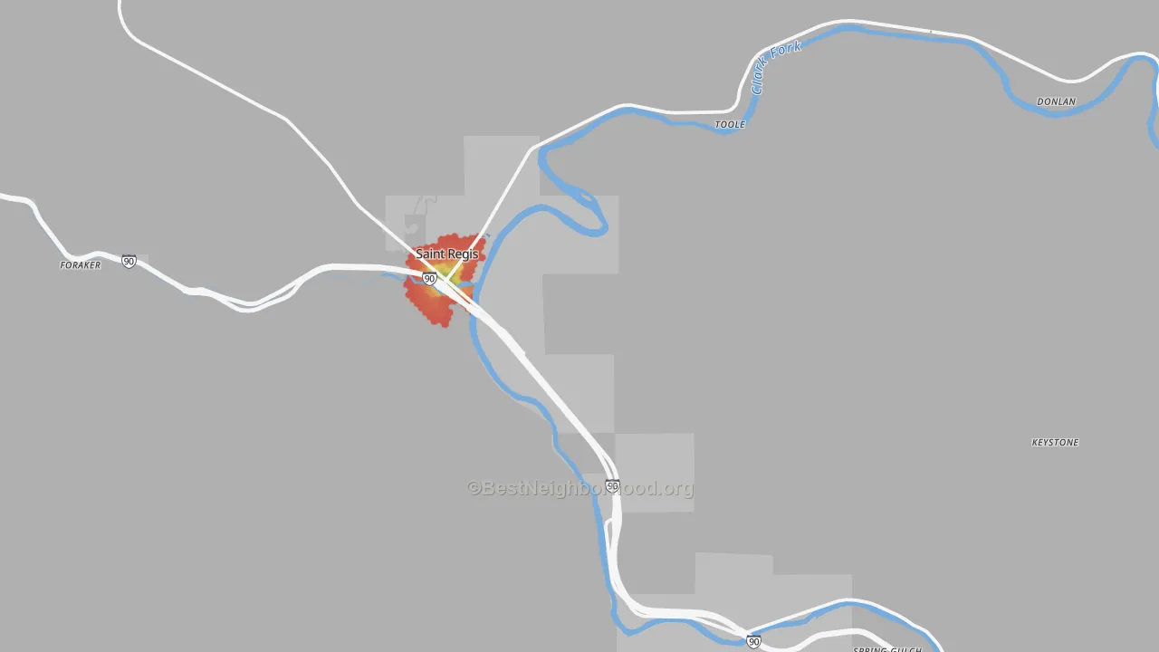 Walk Grade map of St. Regis, MT, walkable areas in green and car-dependent areas in red