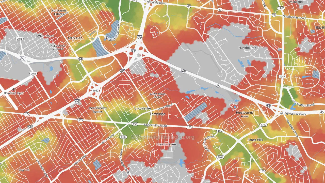Walk Grade map of St. Regis Park, KY, walkable areas in green and car-dependent areas in red