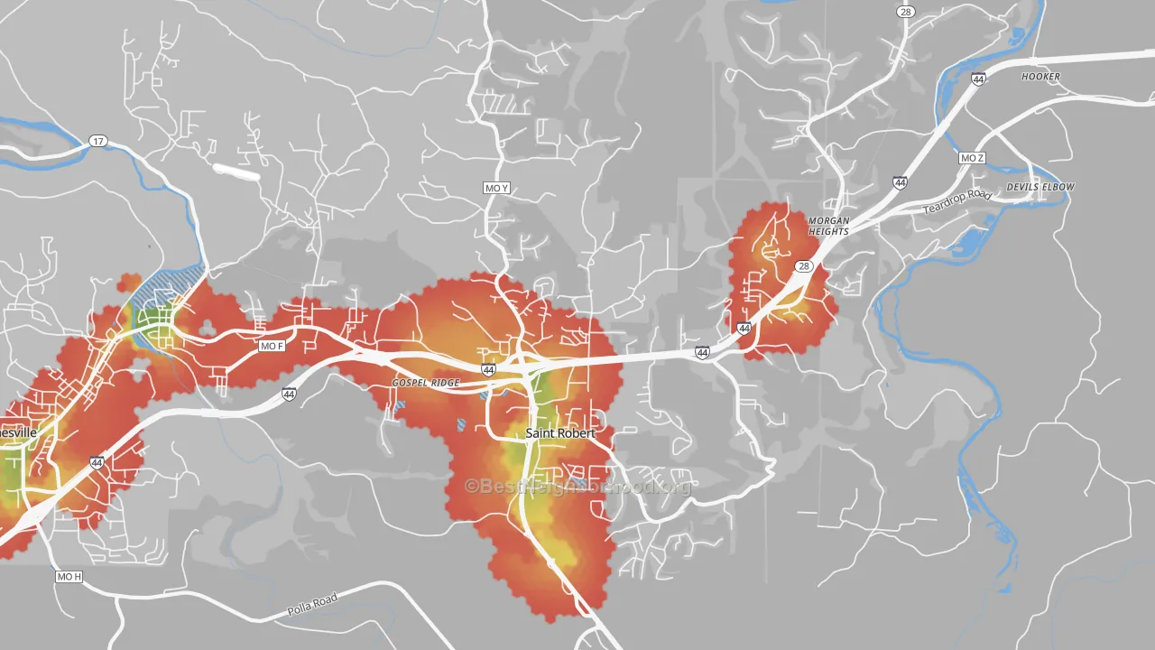 Walk Grade map of St. Robert, MO, walkable areas in green and car-dependent areas in red