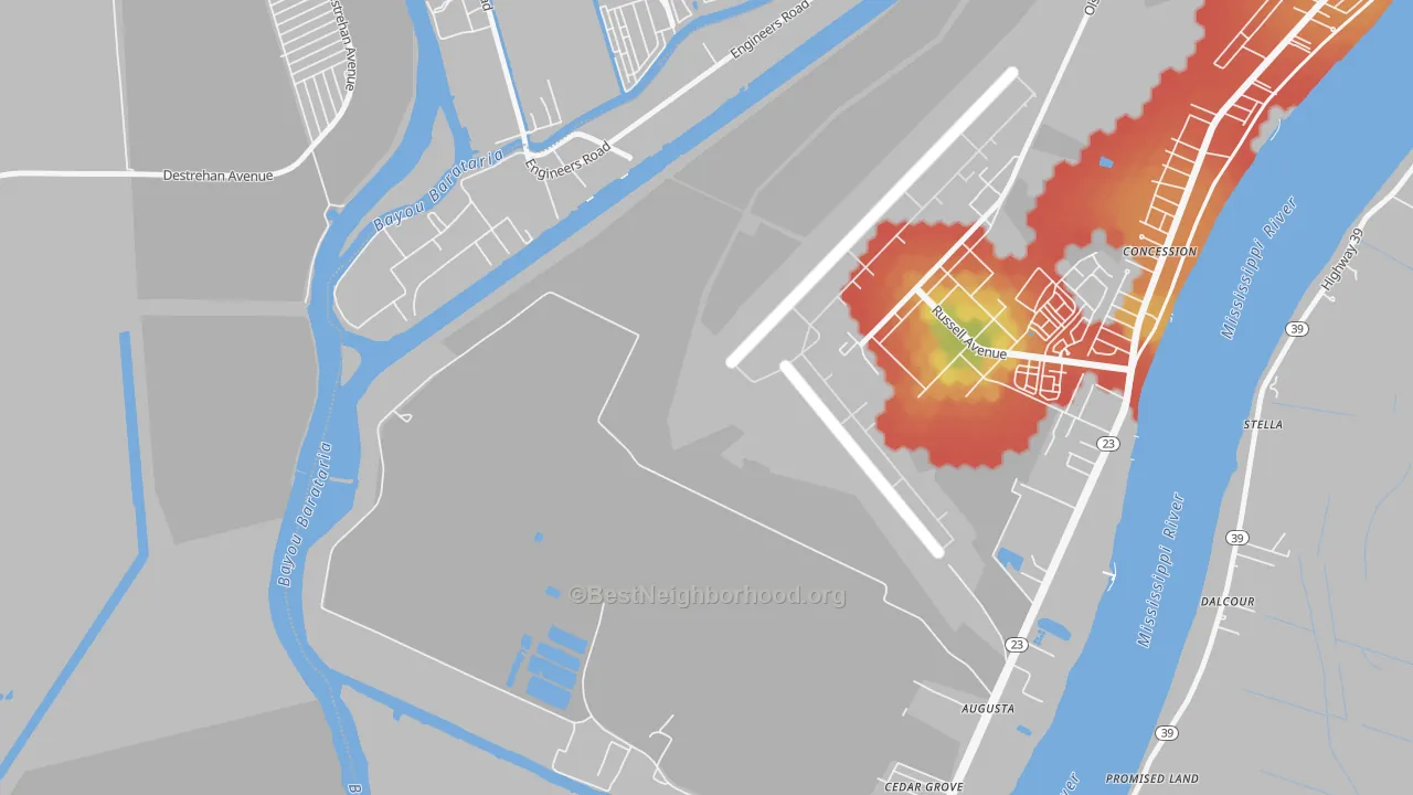 Walk Grade map of St. Rosalie, LA, walkable areas in green and car-dependent areas in red