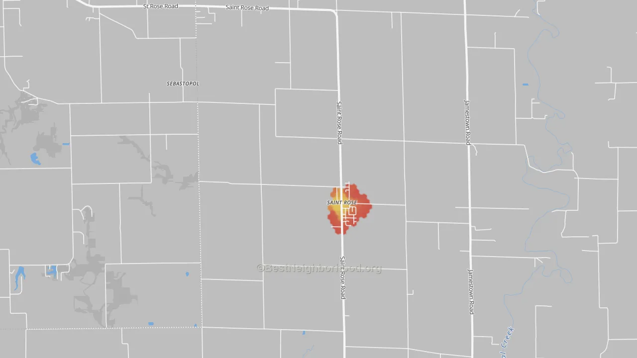 Walk Grade map of St. Rose, IL, walkable areas in green and car-dependent areas in red
