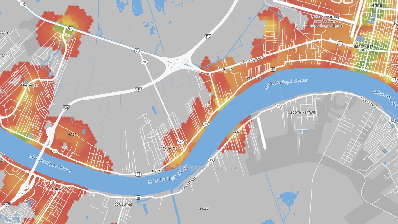 Walk Grade map of St. Rose, LA, walkable areas in green and car-dependent areas in red