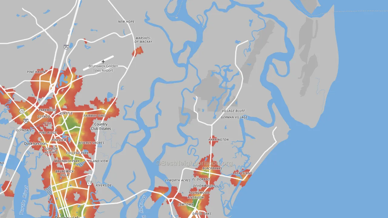 Walk Grade map of St. Simons Island, GA, walkable areas in green and car-dependent areas in red
